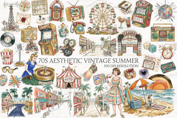 70s aesthetic vintage summer clipart with groovy retro icons including peace signs, rainbows, sun, fruit, and beach elements in warm muted colors.
