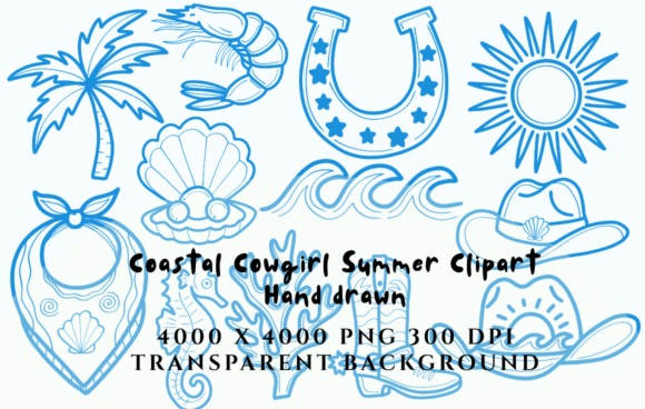 Coastal cowgirl summer clipart bundle with pastel western and beach elements including cowgirl boots, hats, palm trees, swimsuits, and tropical details.