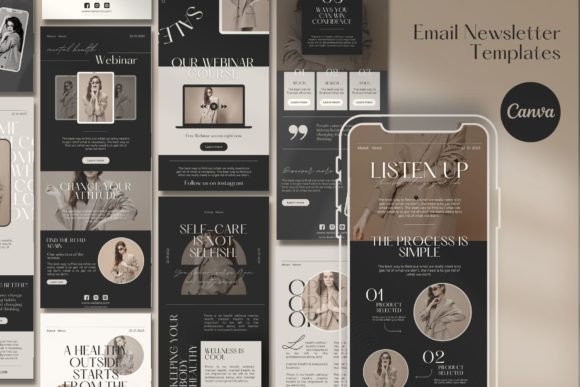 clean modern email newsletter template canva design with minimal layout, product sections and stylish email marketing format
