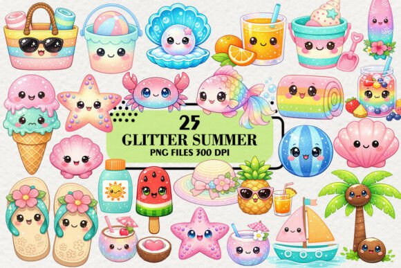 Kawaii glitter summer clipart bundle with cute characters, colorful seasonal elements, and sparkly details in a bright playful style.