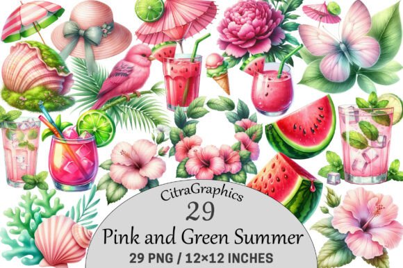 Pink and green summer clipart bundle with tropical fruits, flowers, palm leaves, and cute seasonal elements in a bright pastel aesthetic.