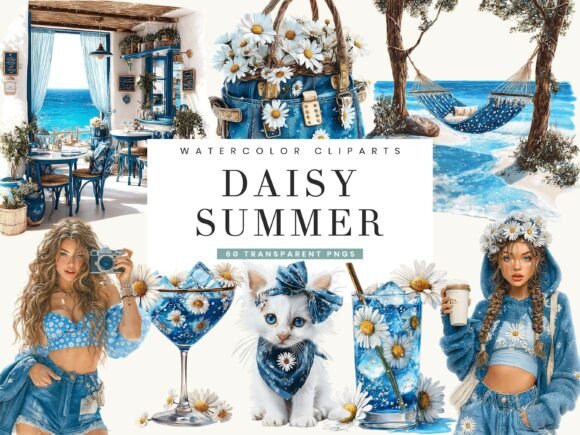 Watercolor daisy summer clipart bundle with soft hand-painted floral elements, bright white and yellow flowers, and light airy botanical designs.