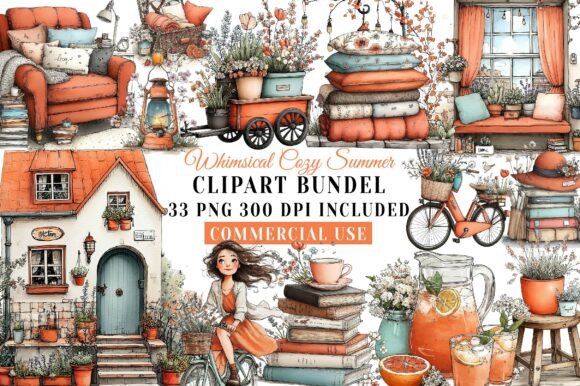 Whimsical cozy summer clipart bundle featuring soft pastel illustrations, cute seasonal elements, and warm, playful designs perfect for planners, stickers, and crafts