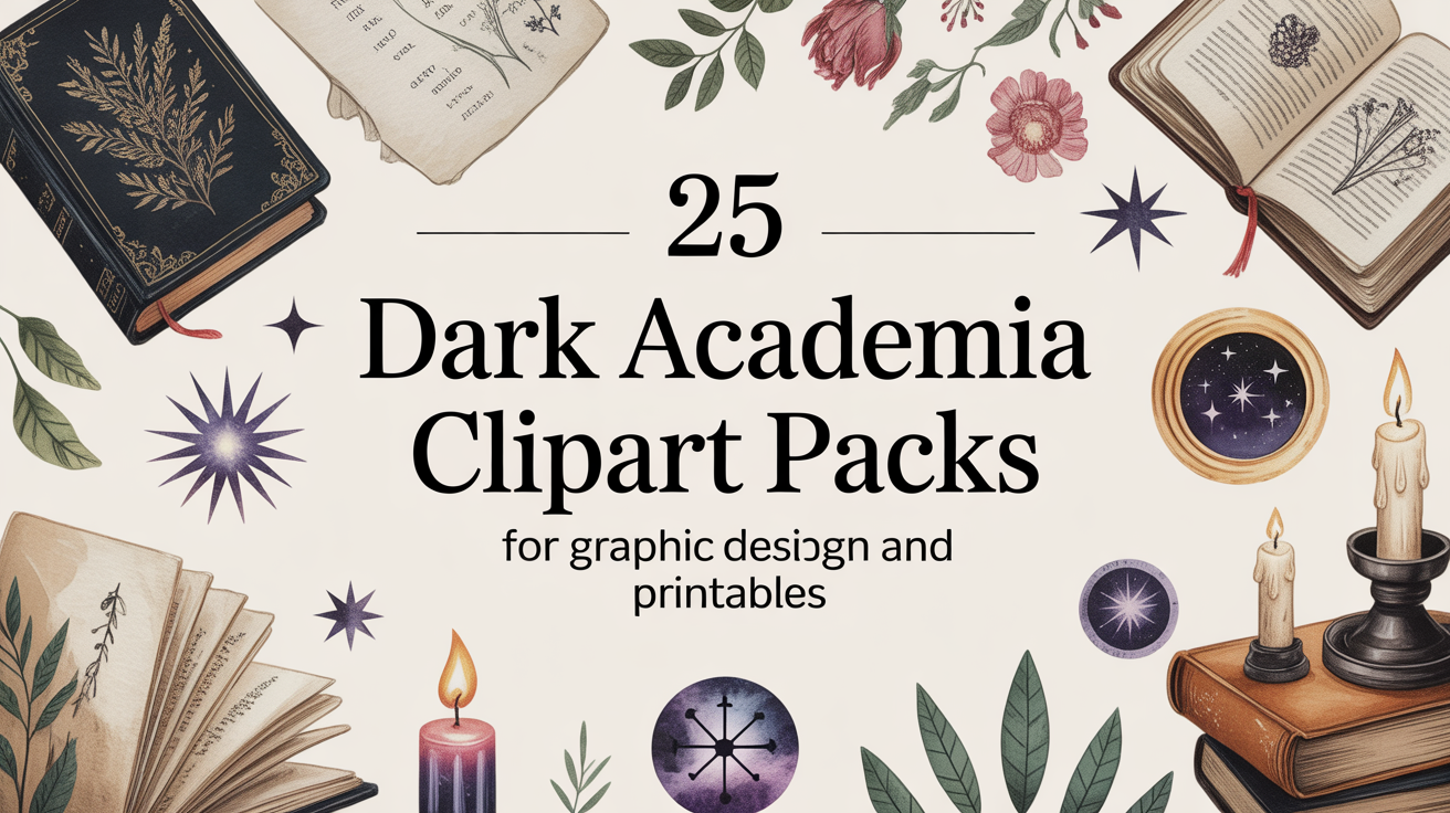 Dark academia themed blog featured image with vintage books, gothic illustrations, and aesthetic clipart collage for design inspiration.