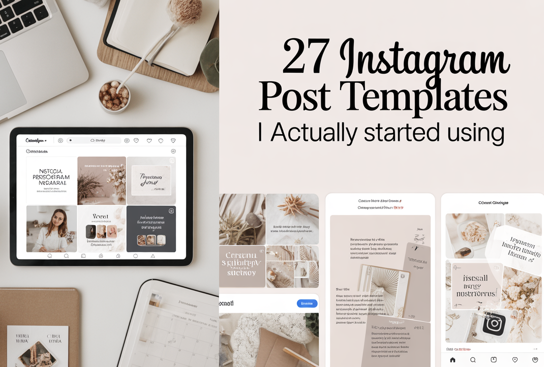 Modern blog featured image with Instagram post templates, Canva-style social media graphics, and aesthetic content creation workspace.
